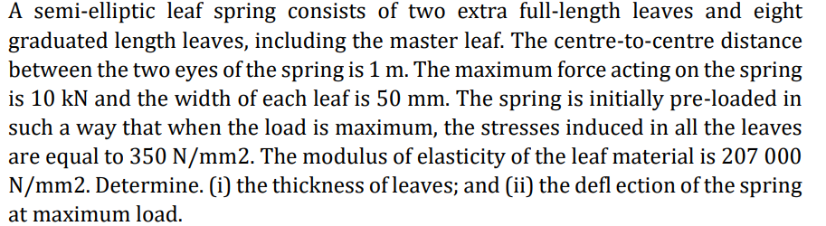A semi - elliptic leaf spring consists of two