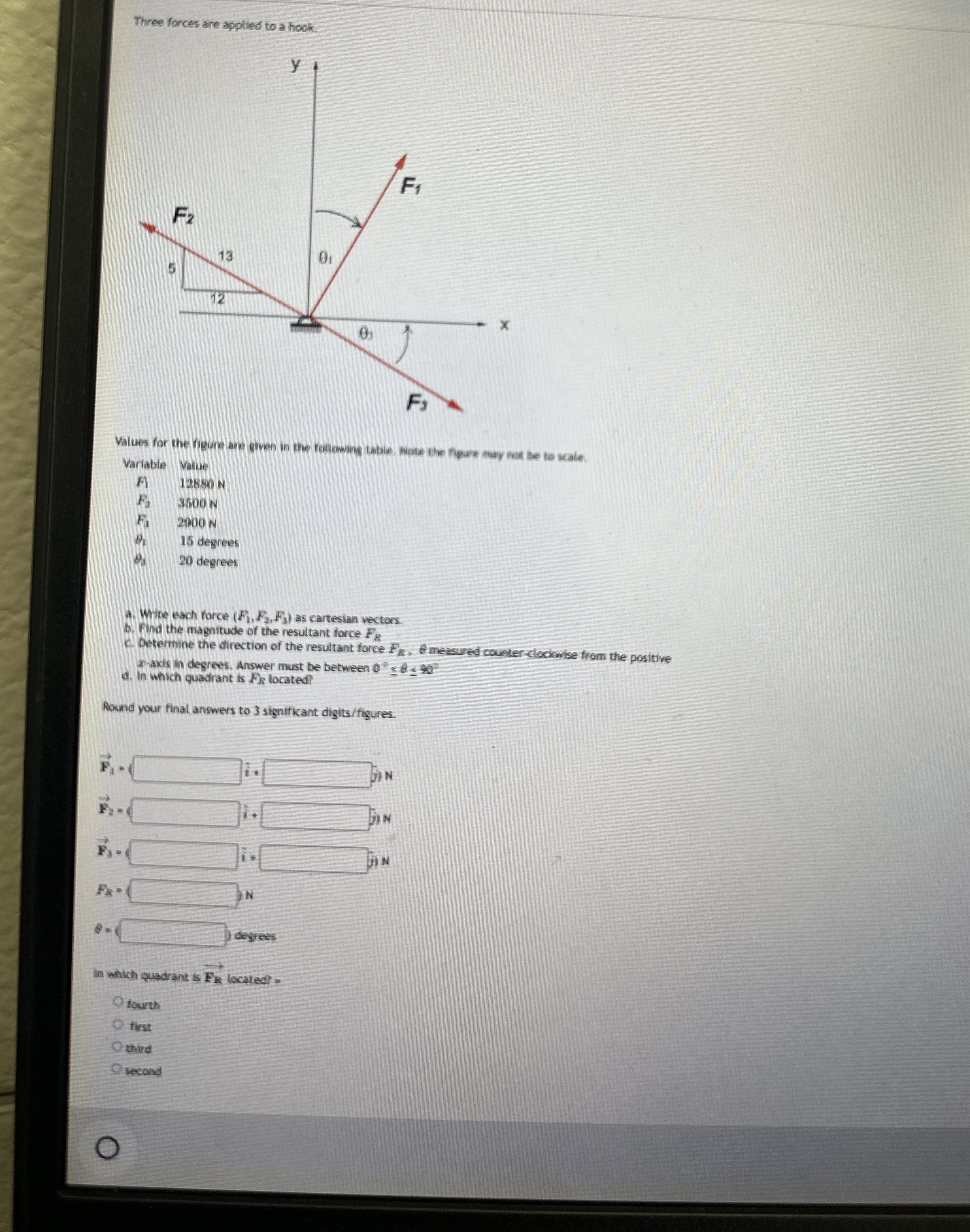 Three forces are applied to a hook. Values for