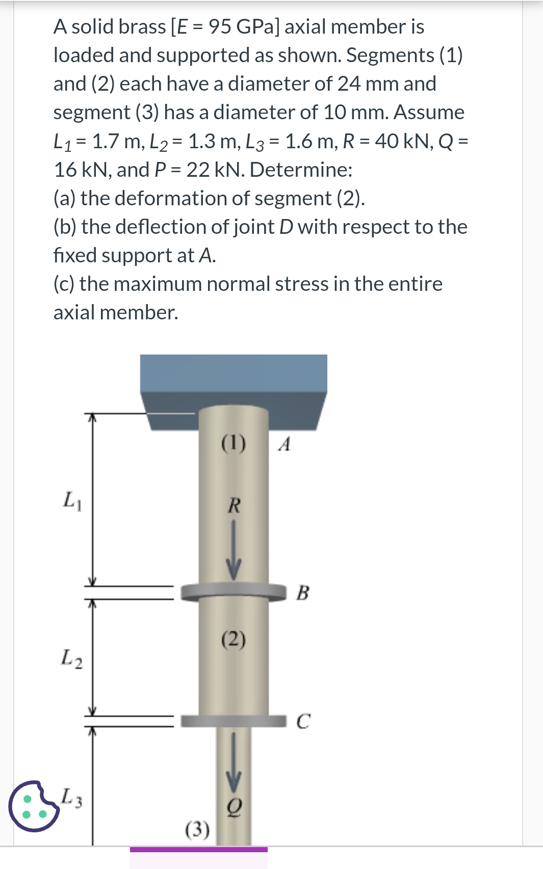 A solid brass [ E = 9 5 GPa axial member is