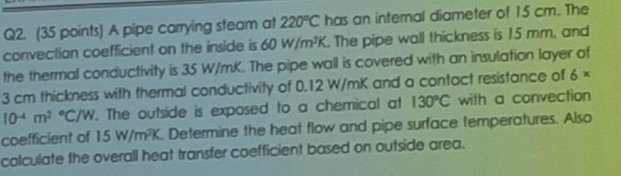 Q 2 . ( 3 5 points ) A pipe carying steam at 2 2