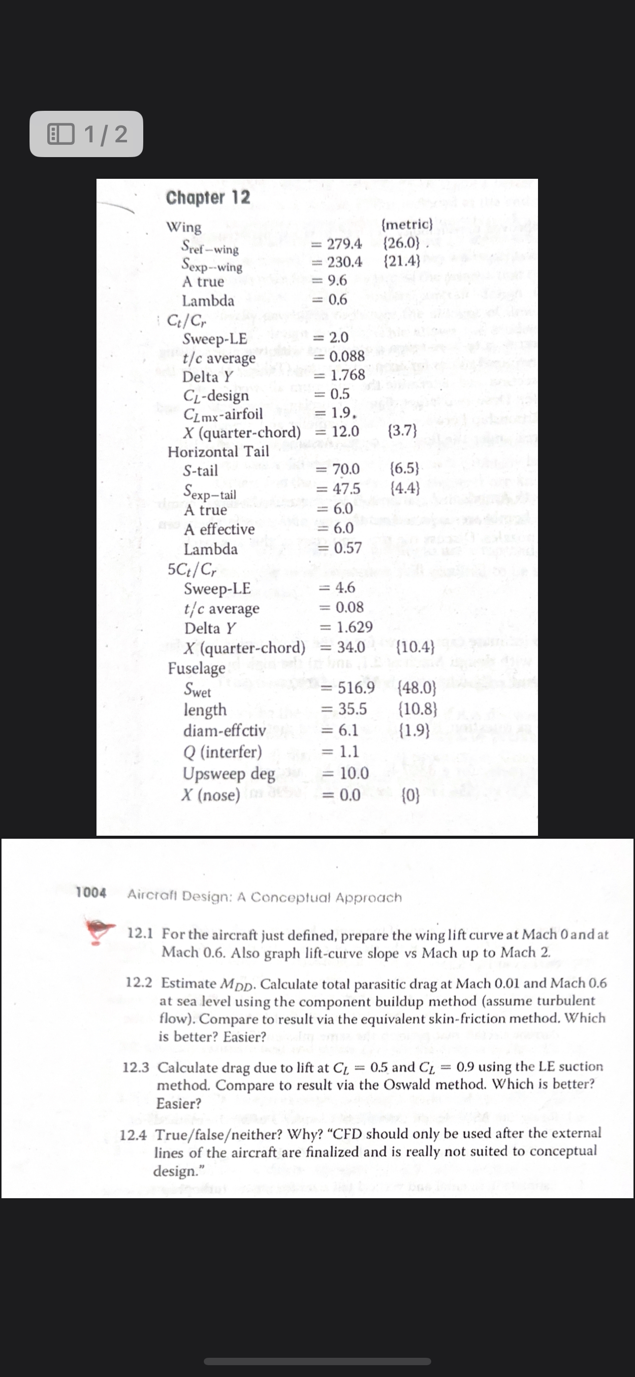 1 / 2 Chapter 1 2 \ table [ [ Wing , , ( metric )
