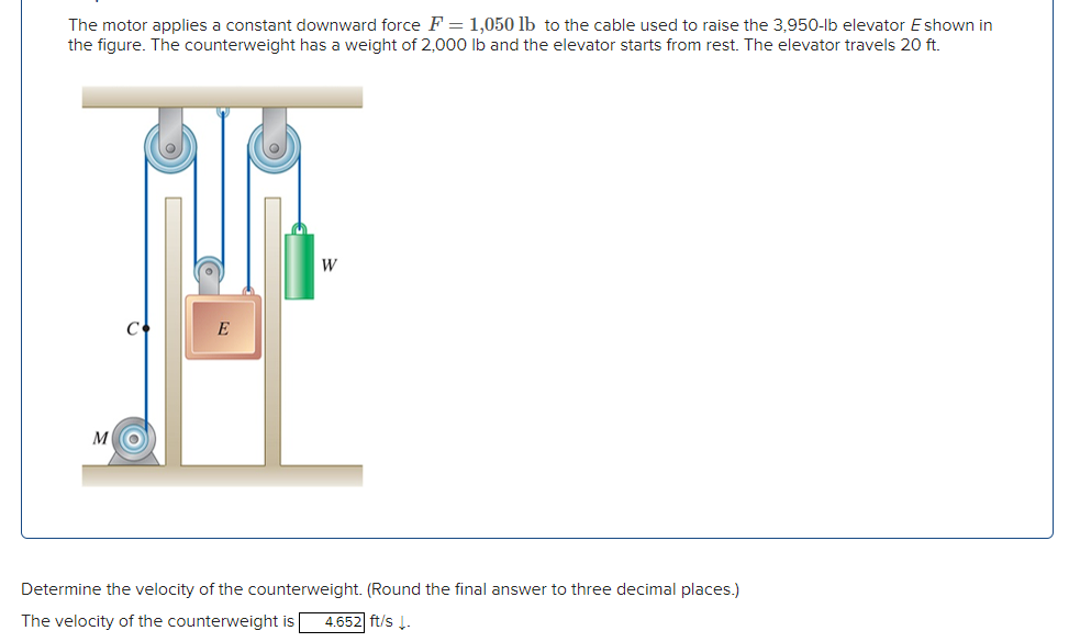 The motor applies a constant downward force F = 1