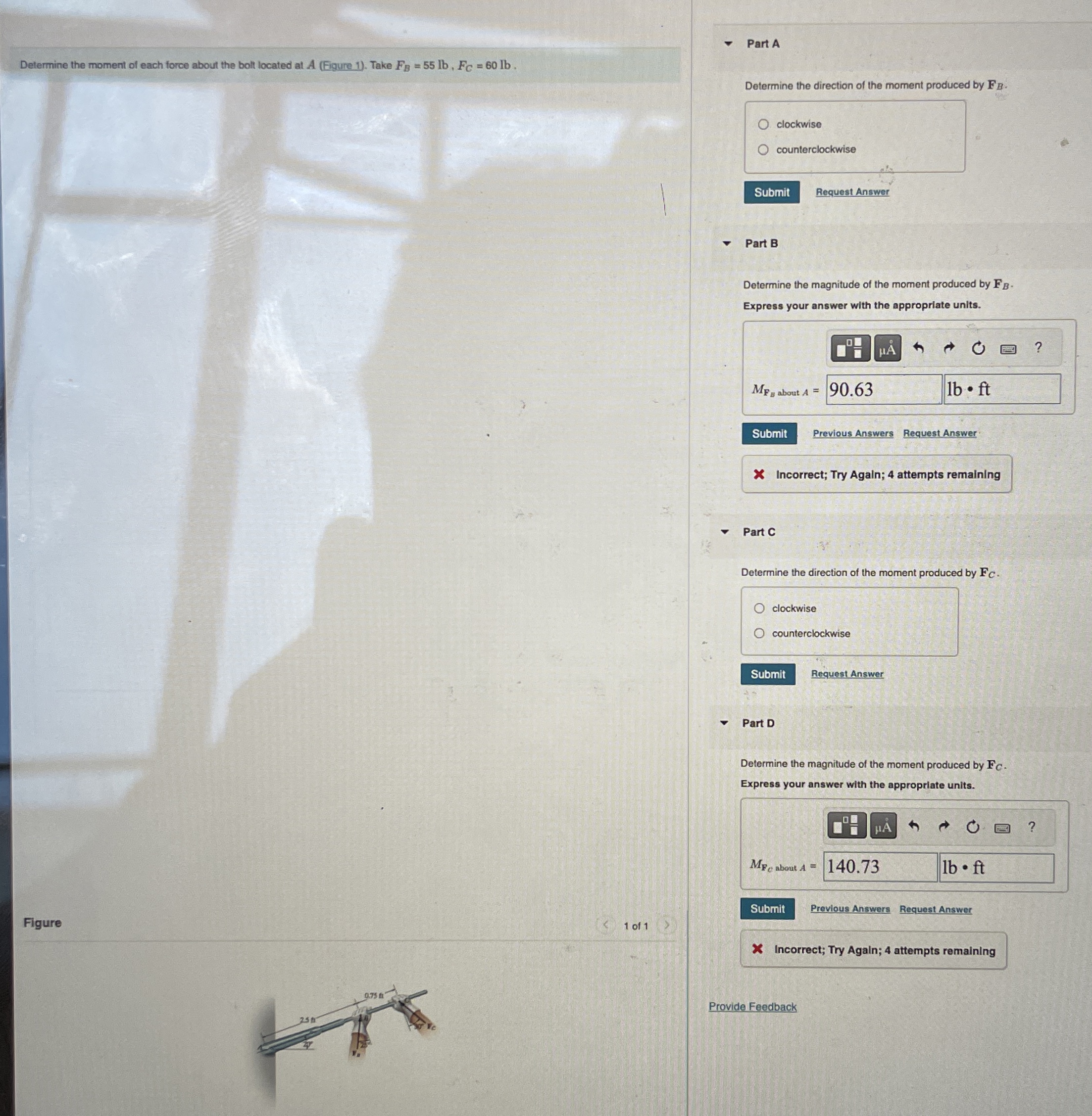 Determine the moment of each force about the bolt
