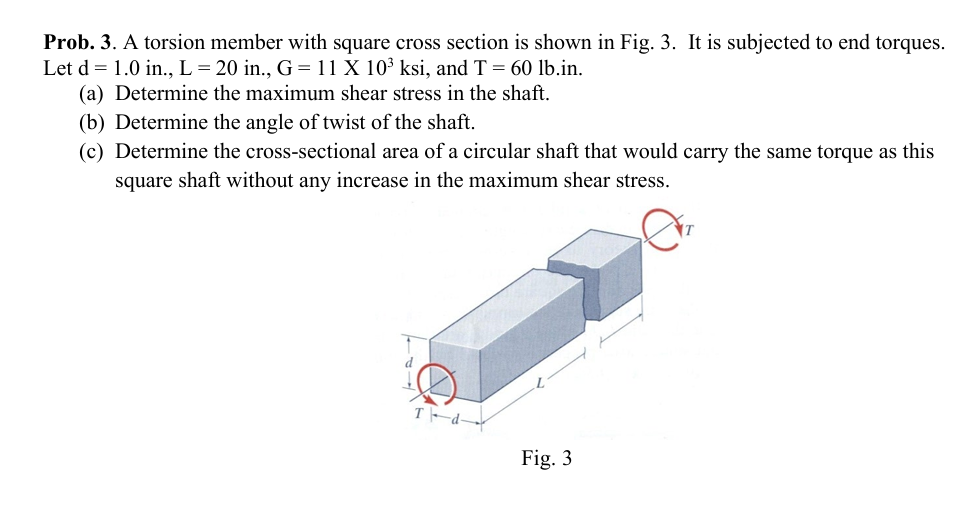 Prob. 3 . A torsion member with square cross