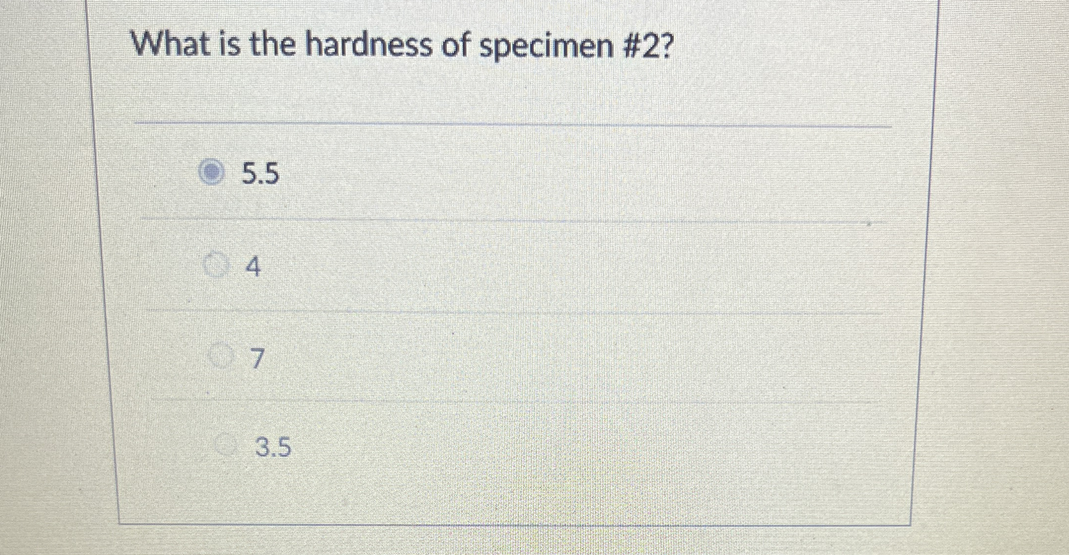 What is the hardness of specimen # 2 ? 5 . 5 4 7