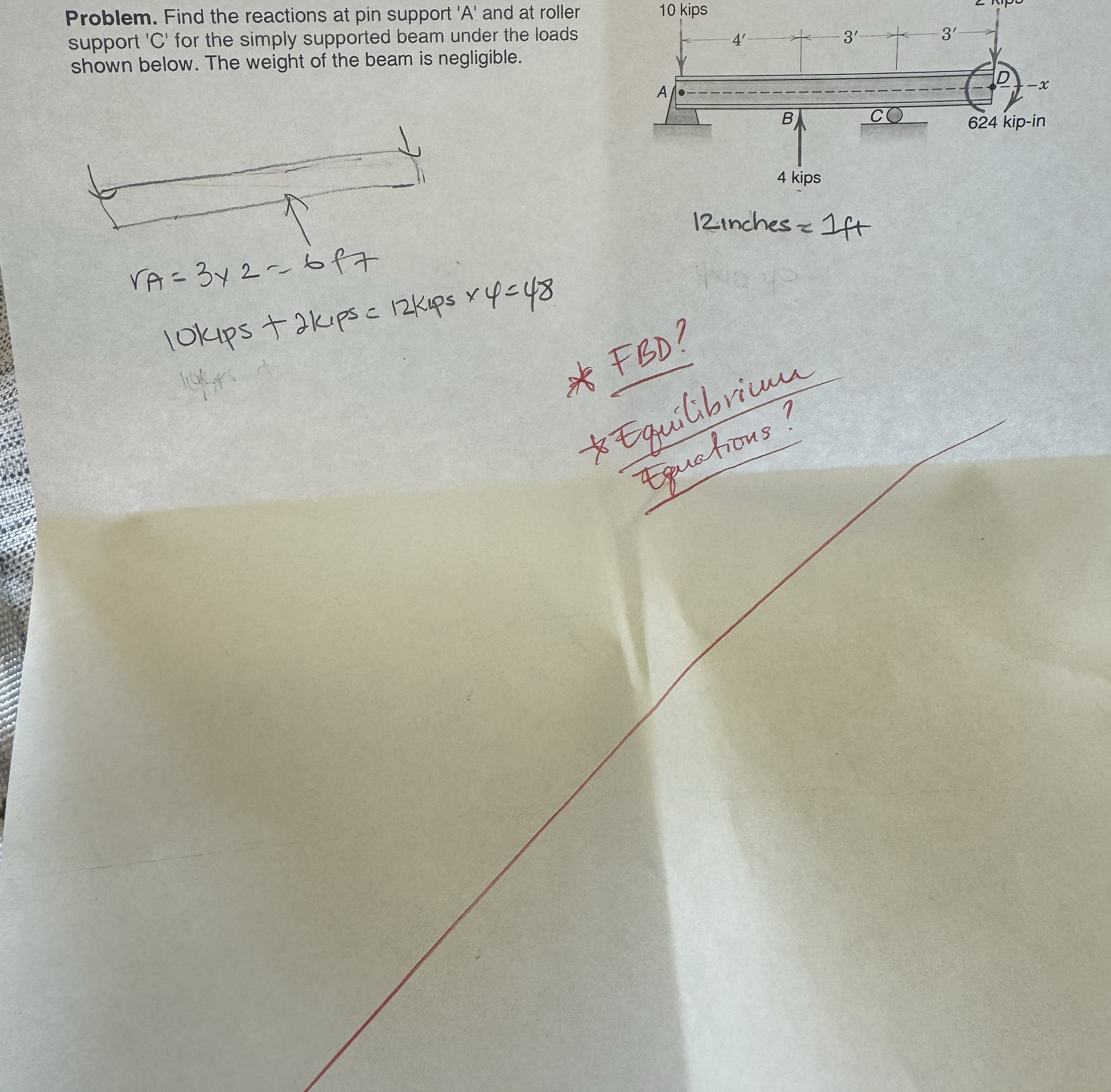 Problem. Find the reactions at pin support ' A '