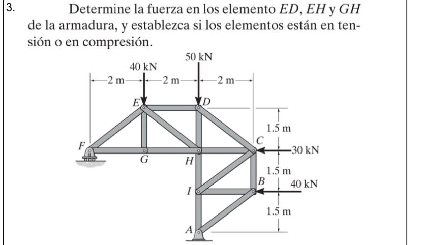 Determine la fuerza en los elemento E D , E H y G