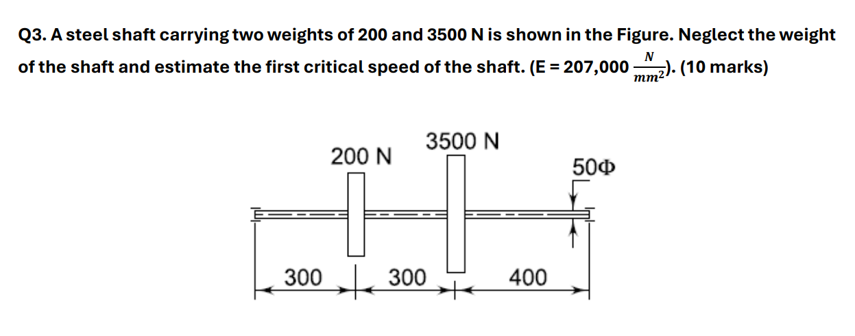 Q 3 . A steel shaft carrying two weights of 2 0 0
