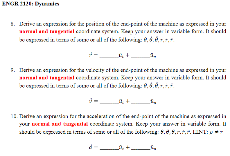 ENGR 2 1 2 0 : Dynamics Derive an expression for