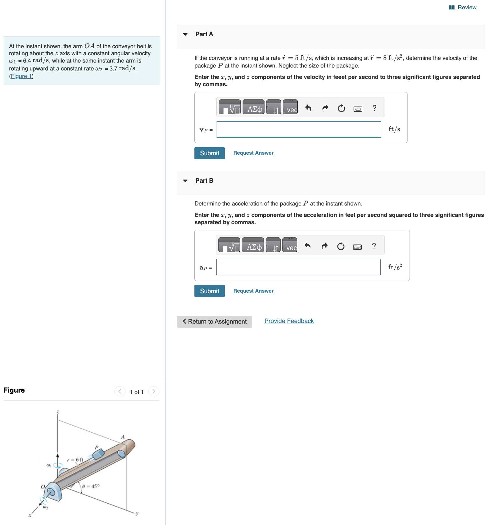 At the instant shown, the arm O A of the conveyor