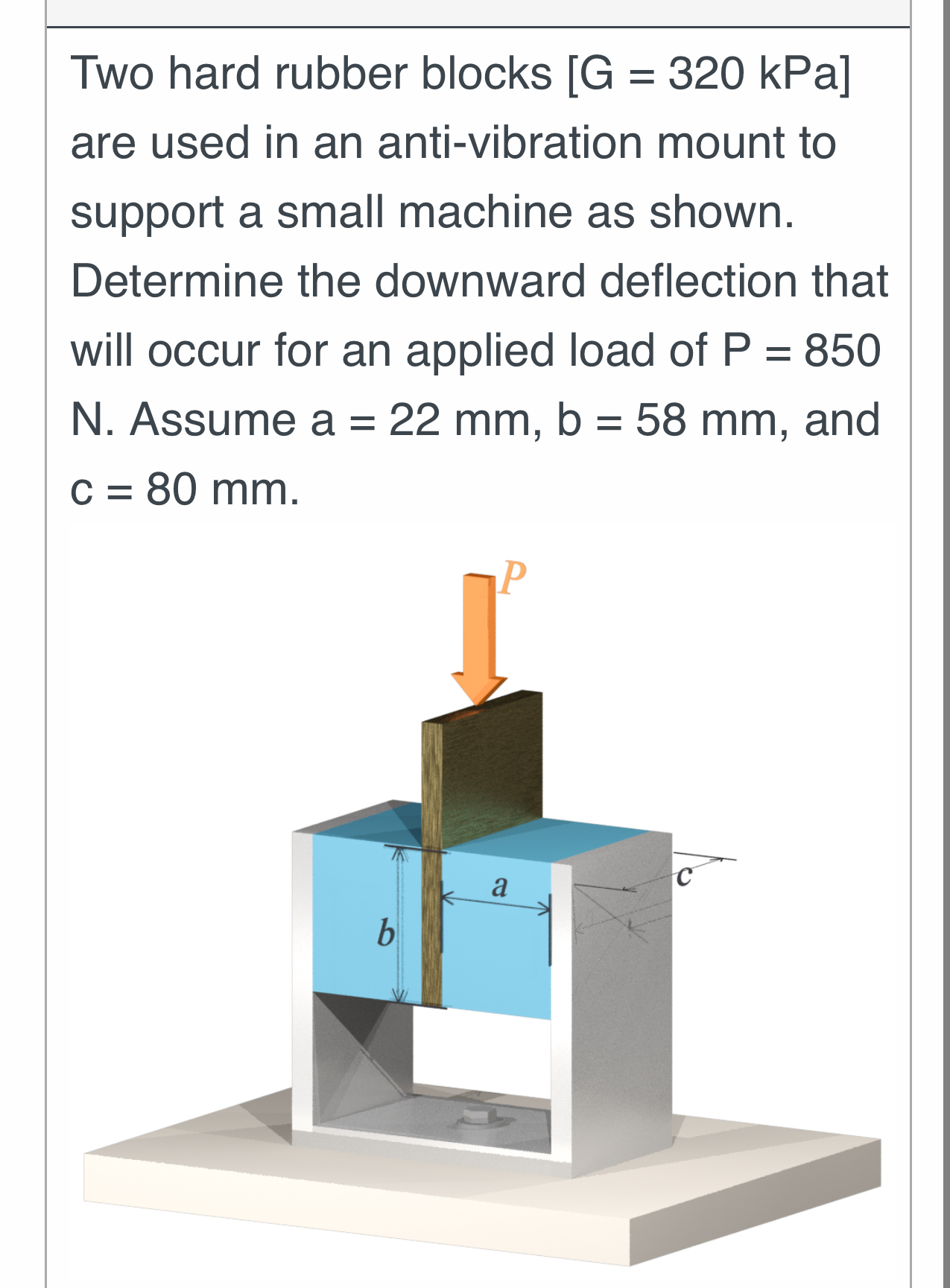 Two hard rubber blocks [ G = 3 2 0 kPa ] are used