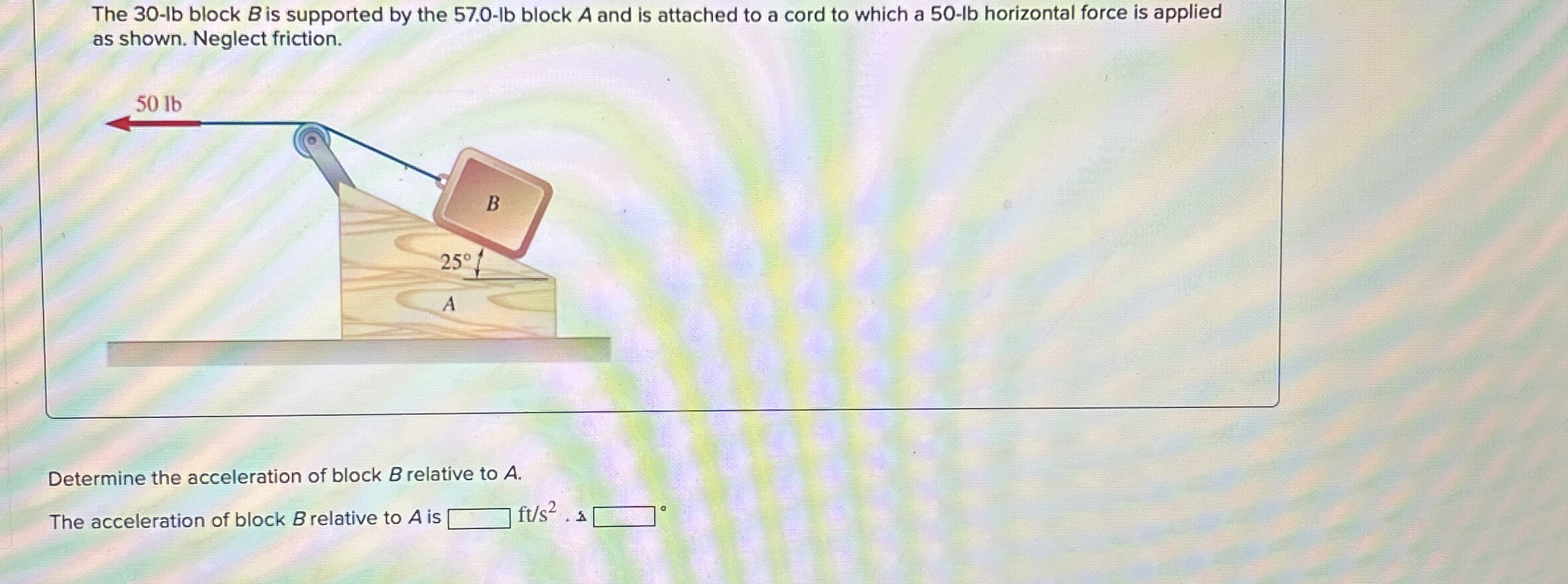 The 3 0 - l b block B is supported by the 5 7 . 0