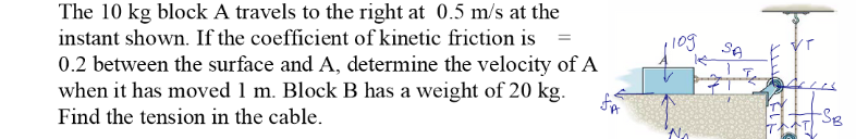 The 1 0 kg block A travels to the right at \ ( 0