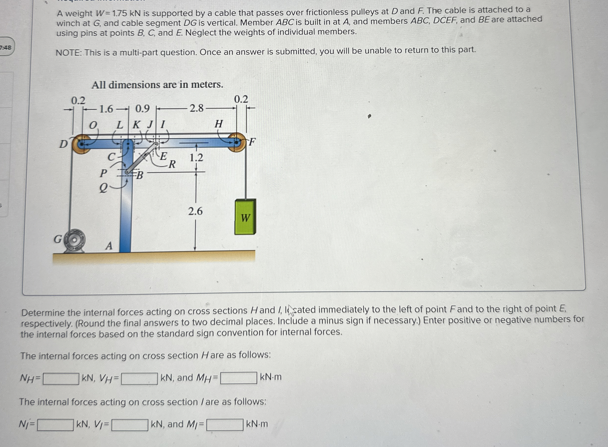 A weight W = 1 . 7 5 k N is supported by a cable