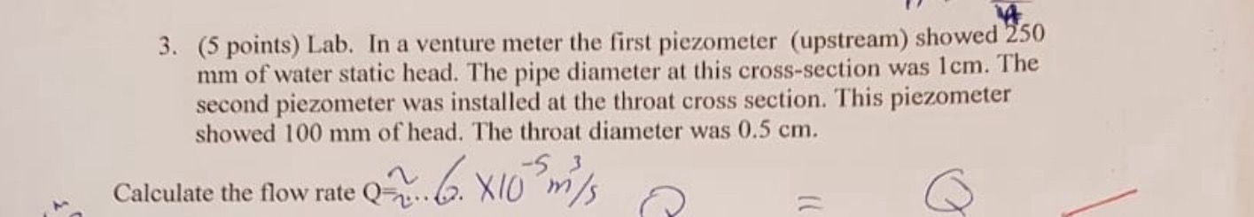 ( 5 points ) Lab. In a venture meter the first