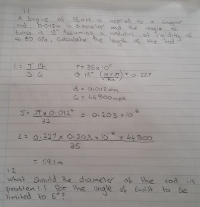 1 1 A toraue of 3 5 Nm is applied to a copper