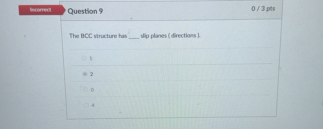 Question 9 0 3 pts The BCC structure has slip