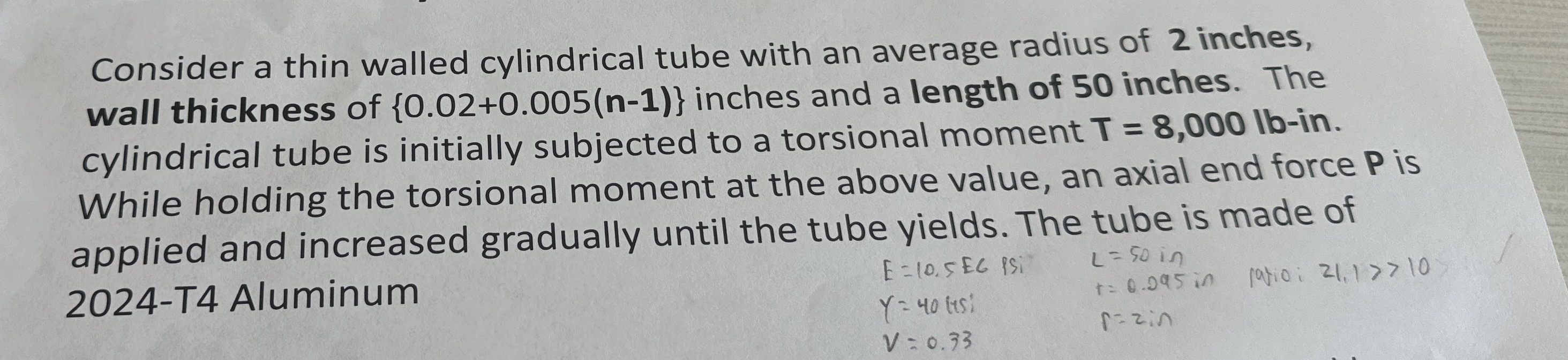 What is the axial force p at the onset of