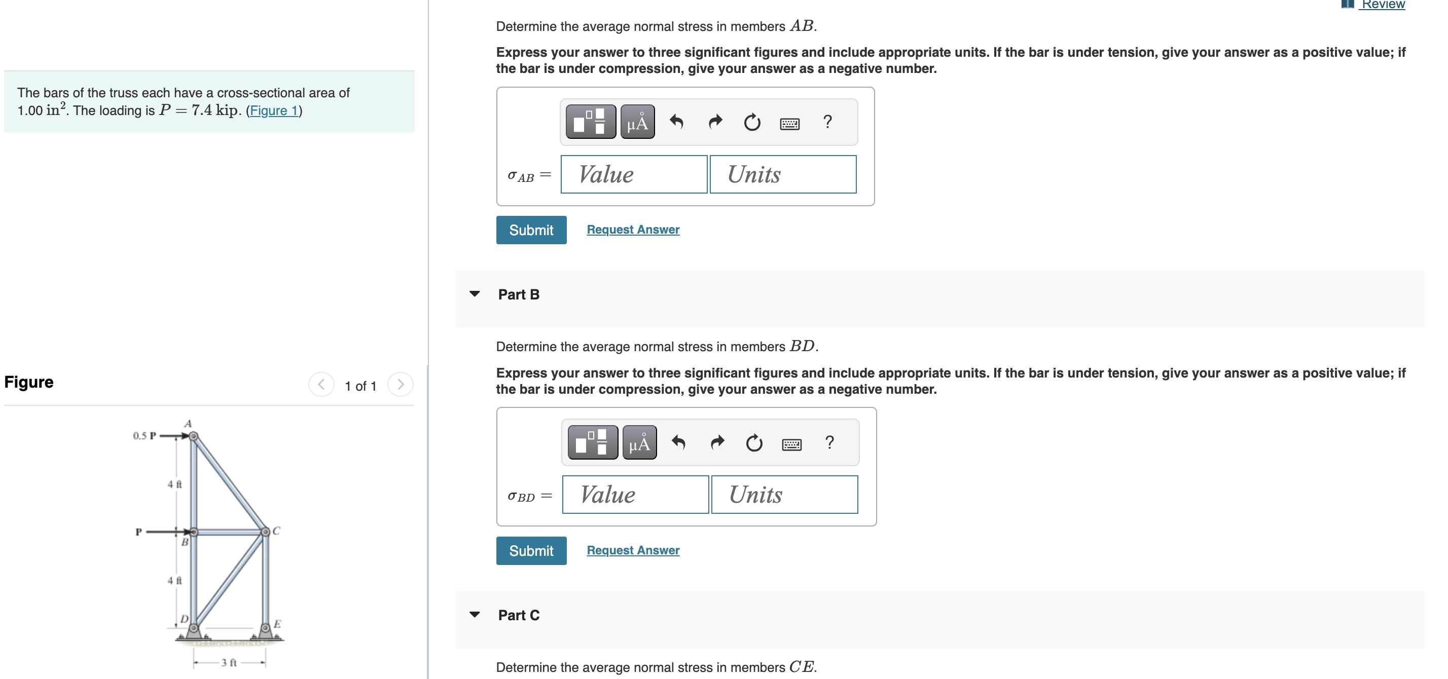 Determine the average normal stress in members A