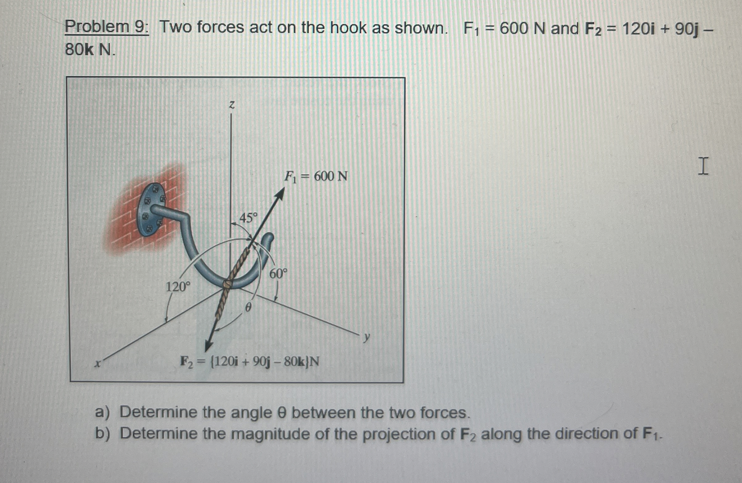 Problem 9 : Two forces act on the hook as shown.
