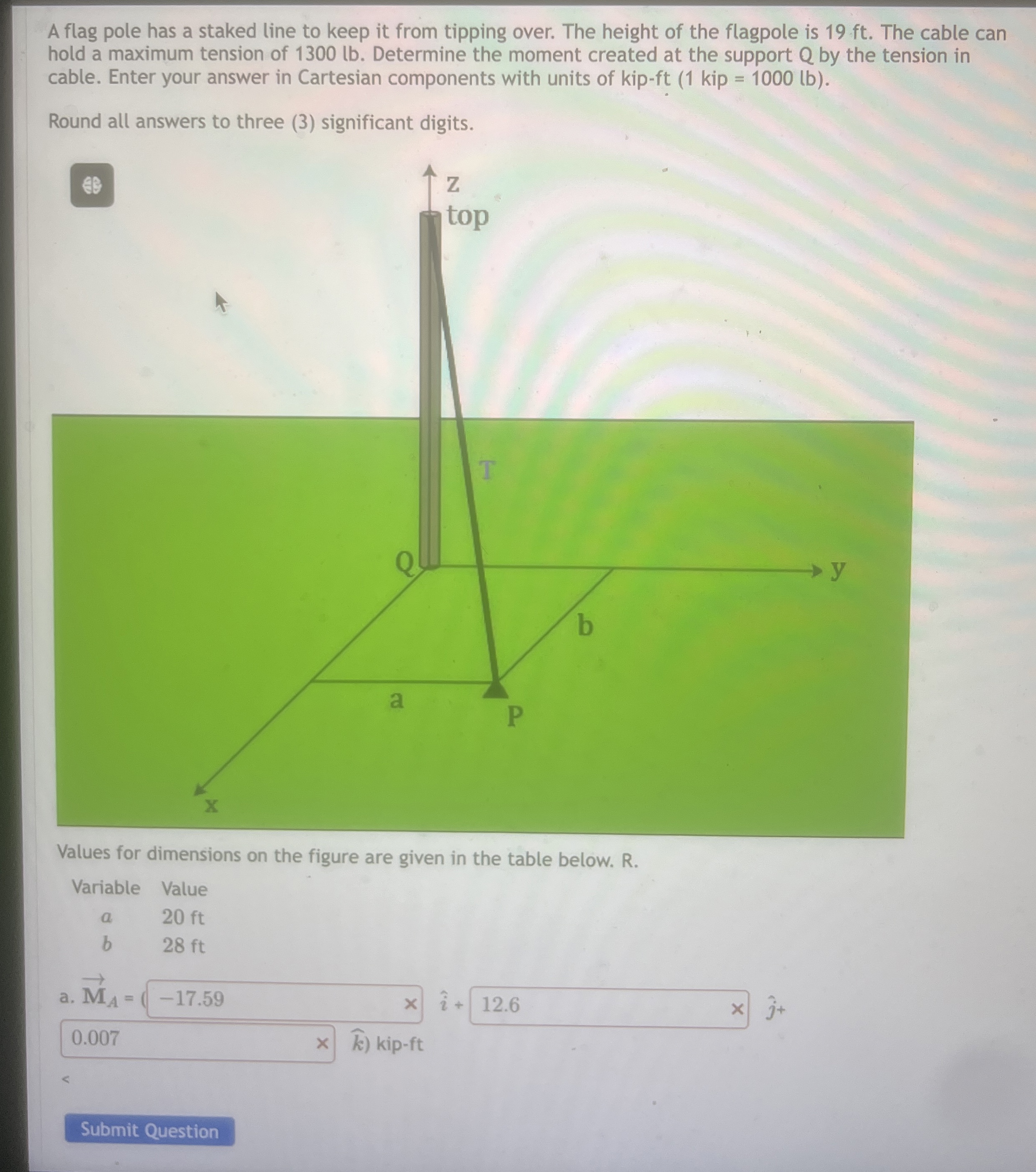 A flag pole has a staked line to keep it from