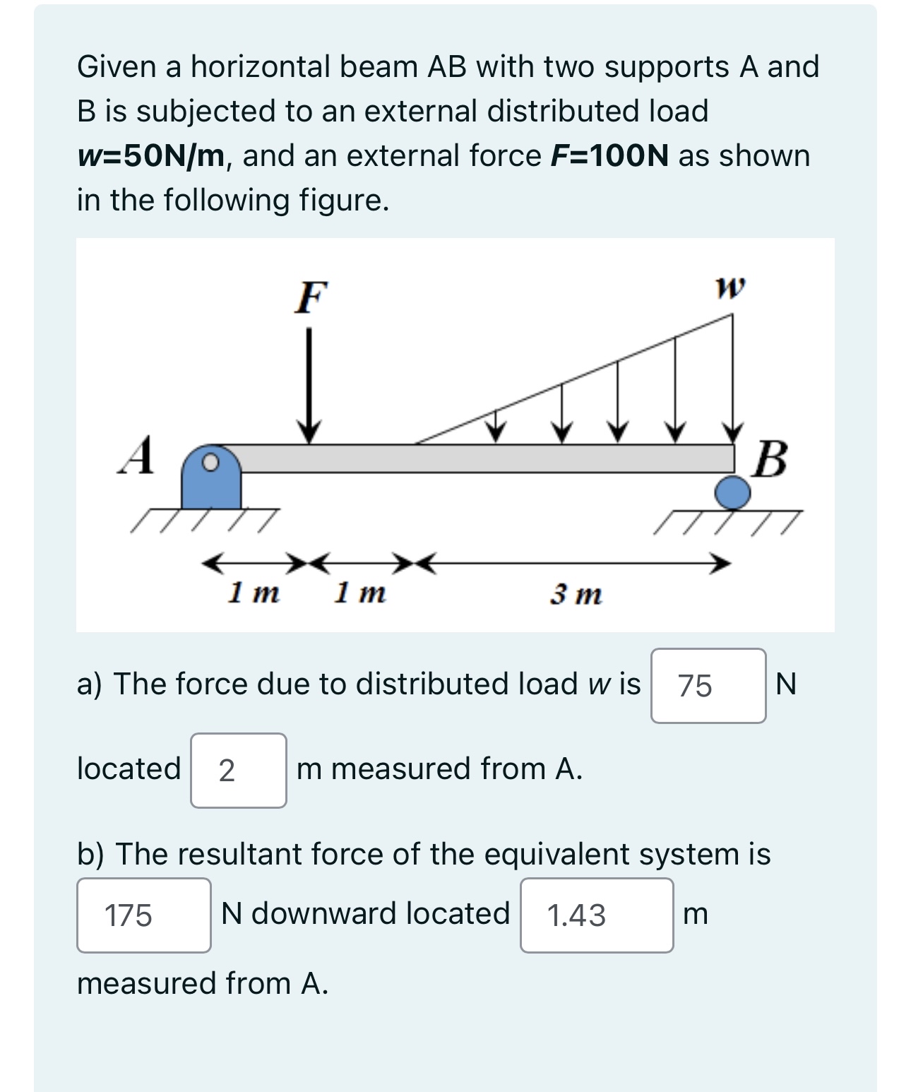 Given a horizontal beam A B with two supports A