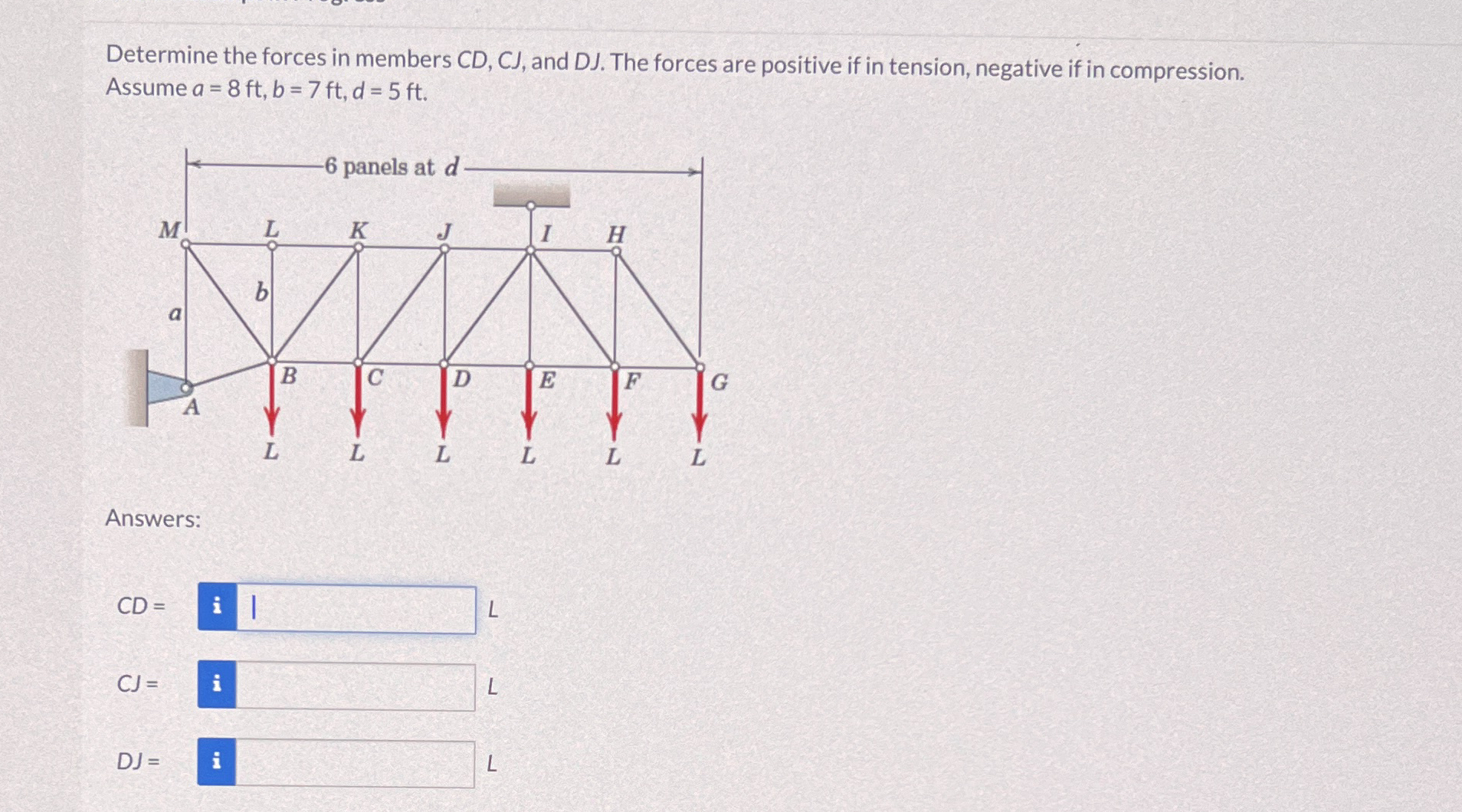 Determine the forces in members C D , C J , and D