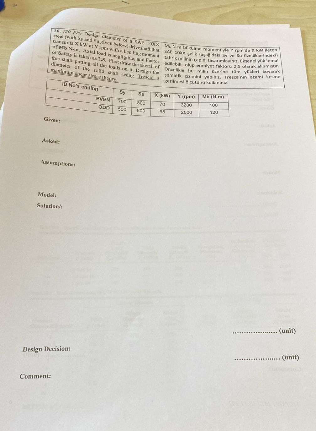 steel ( with Sy and Su given below ) driveshaft