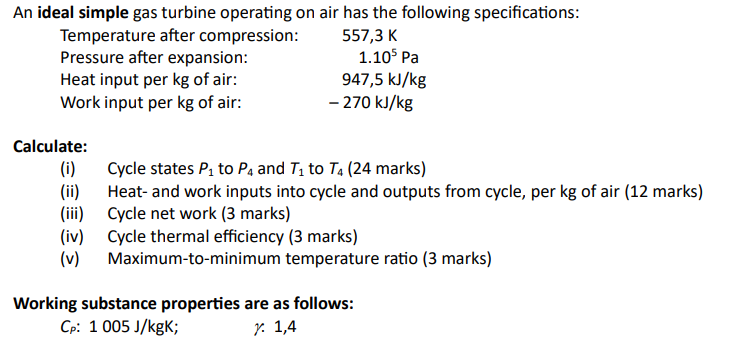 An ideal simple gas turbine operating on air has