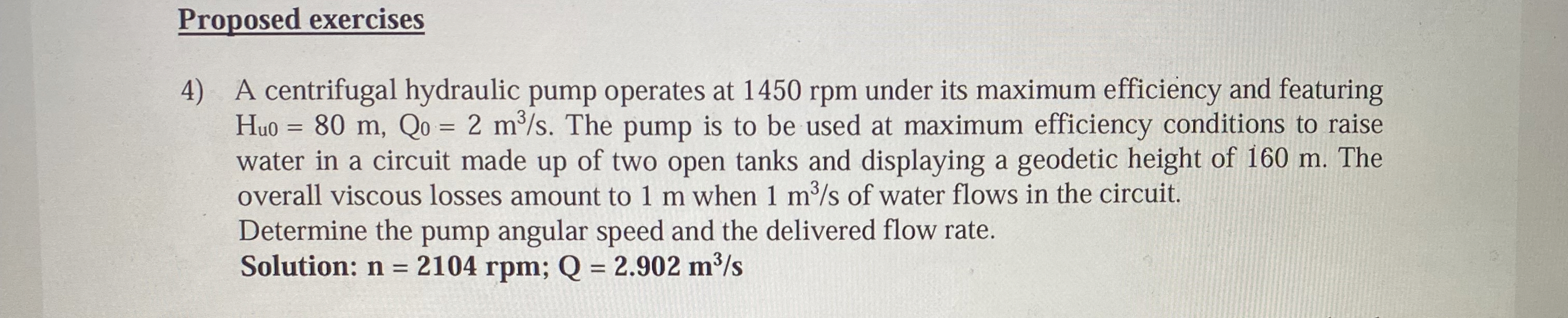 Proposed exercises A centrifugal hydraulic pump