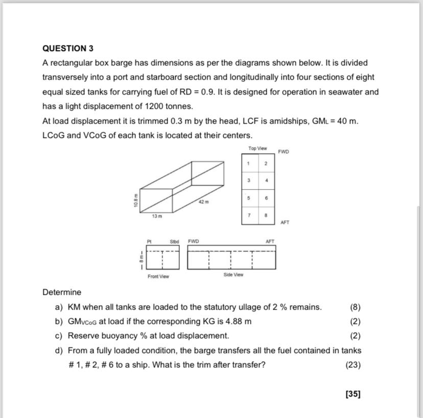 QUESTION 3 A rectangular box barge has dimensions