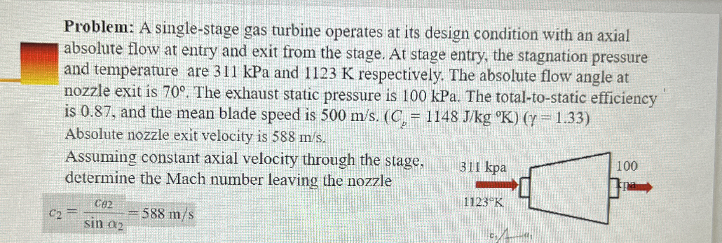 Problem: A single - stage gas turbine operates at