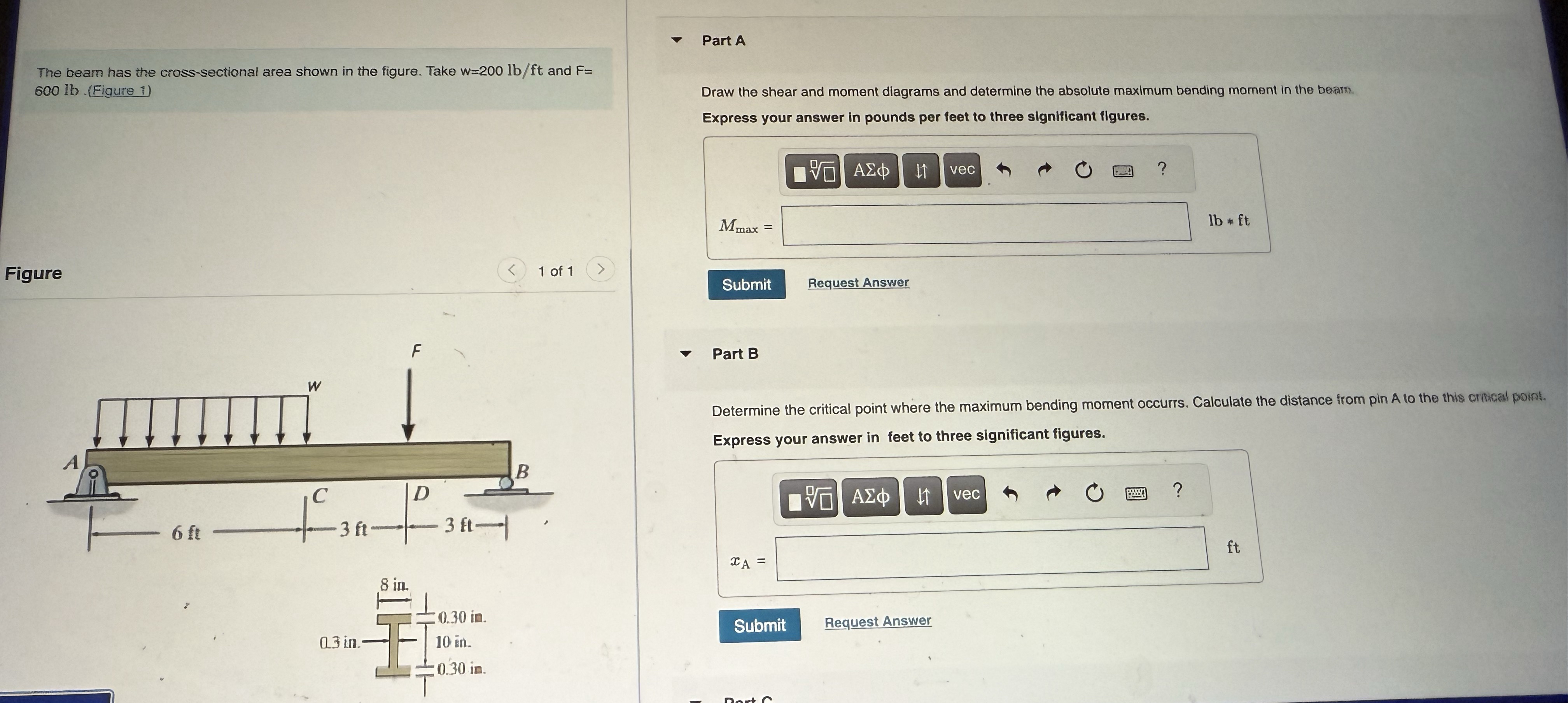 The beam has the cross - sectional area shown in