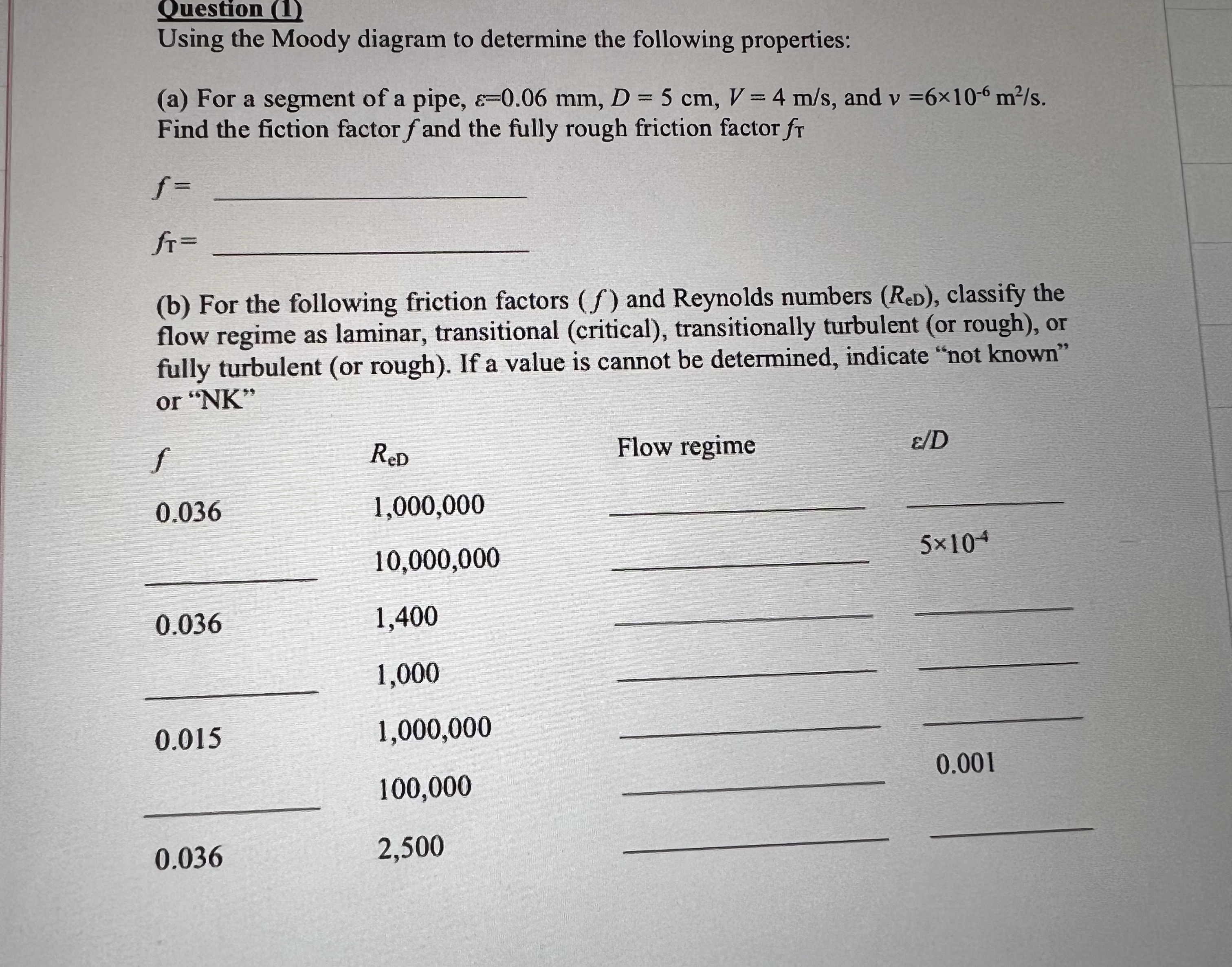 Question ( 1 ) Using the Moody diagram to
