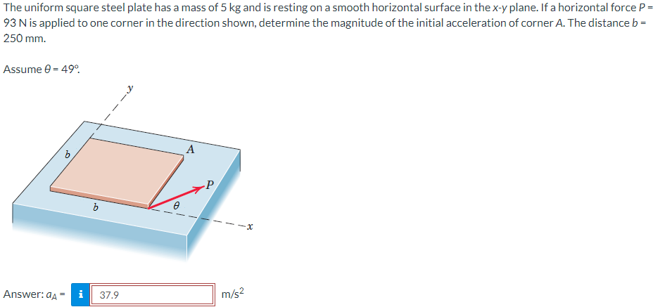 The uniform square steel plate has a mass of 5 kg