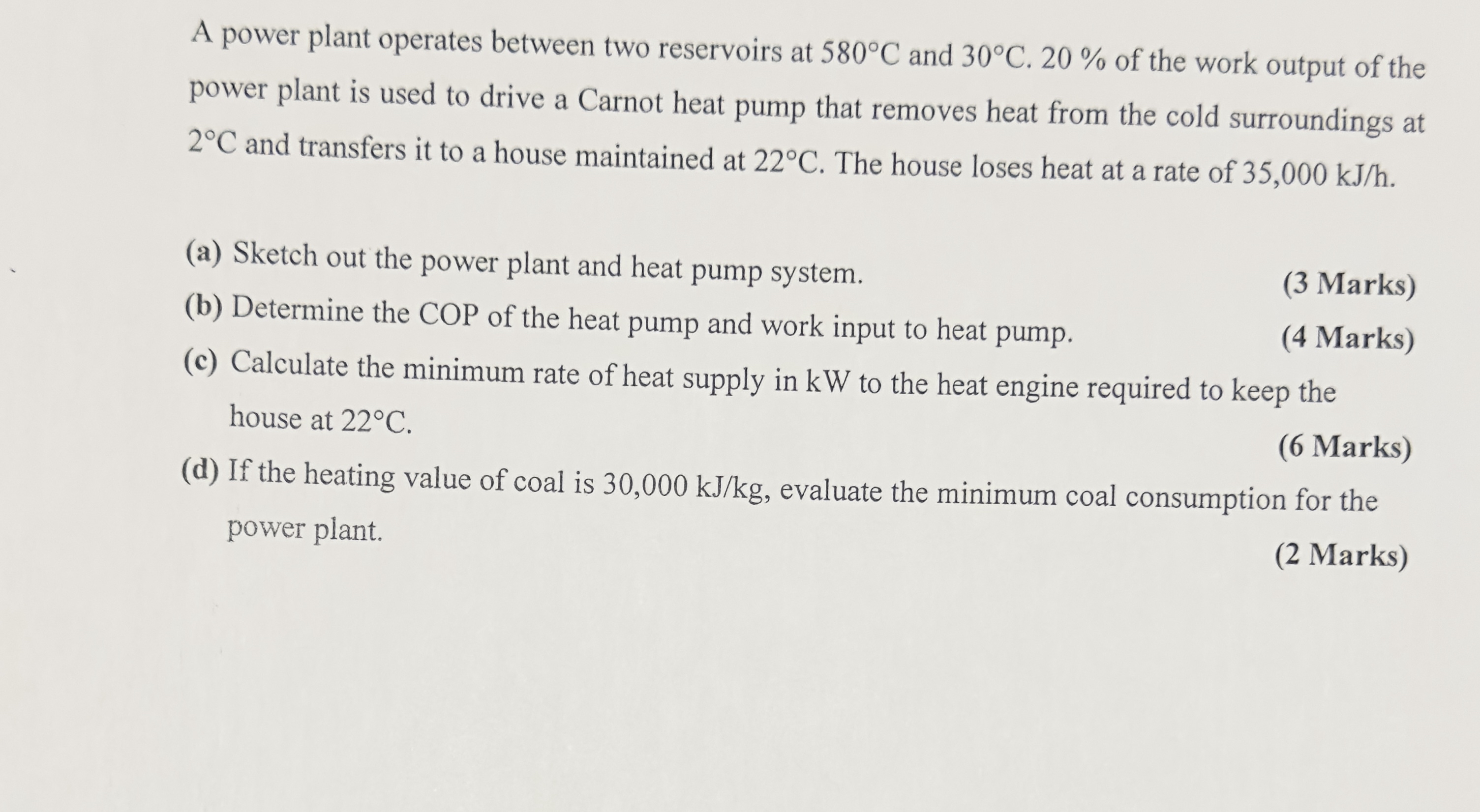 A power plant operates between two reservoirs at