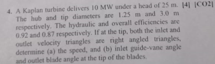 A Kaplan turbine delivers 1 0 MW under a head of