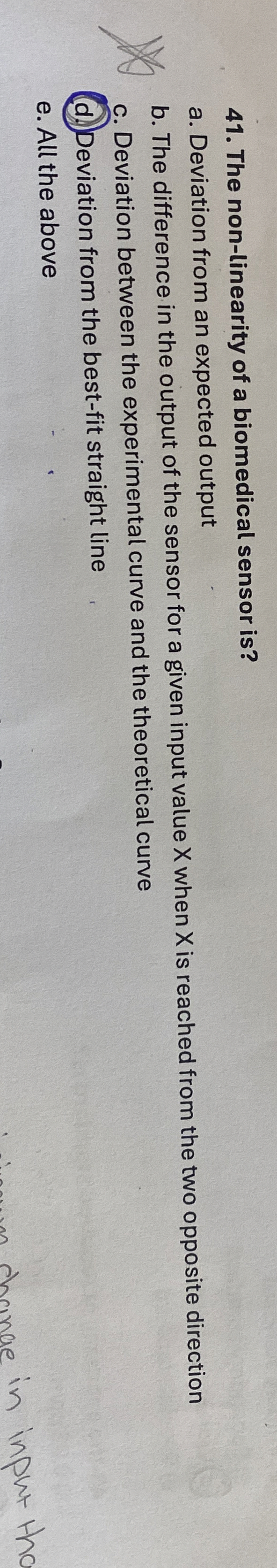 The non - linearity of a biomedical sensor is ? a