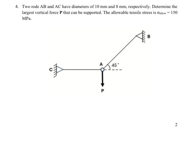 Two rods AB and AC have diameters of 1 0 mm and 8