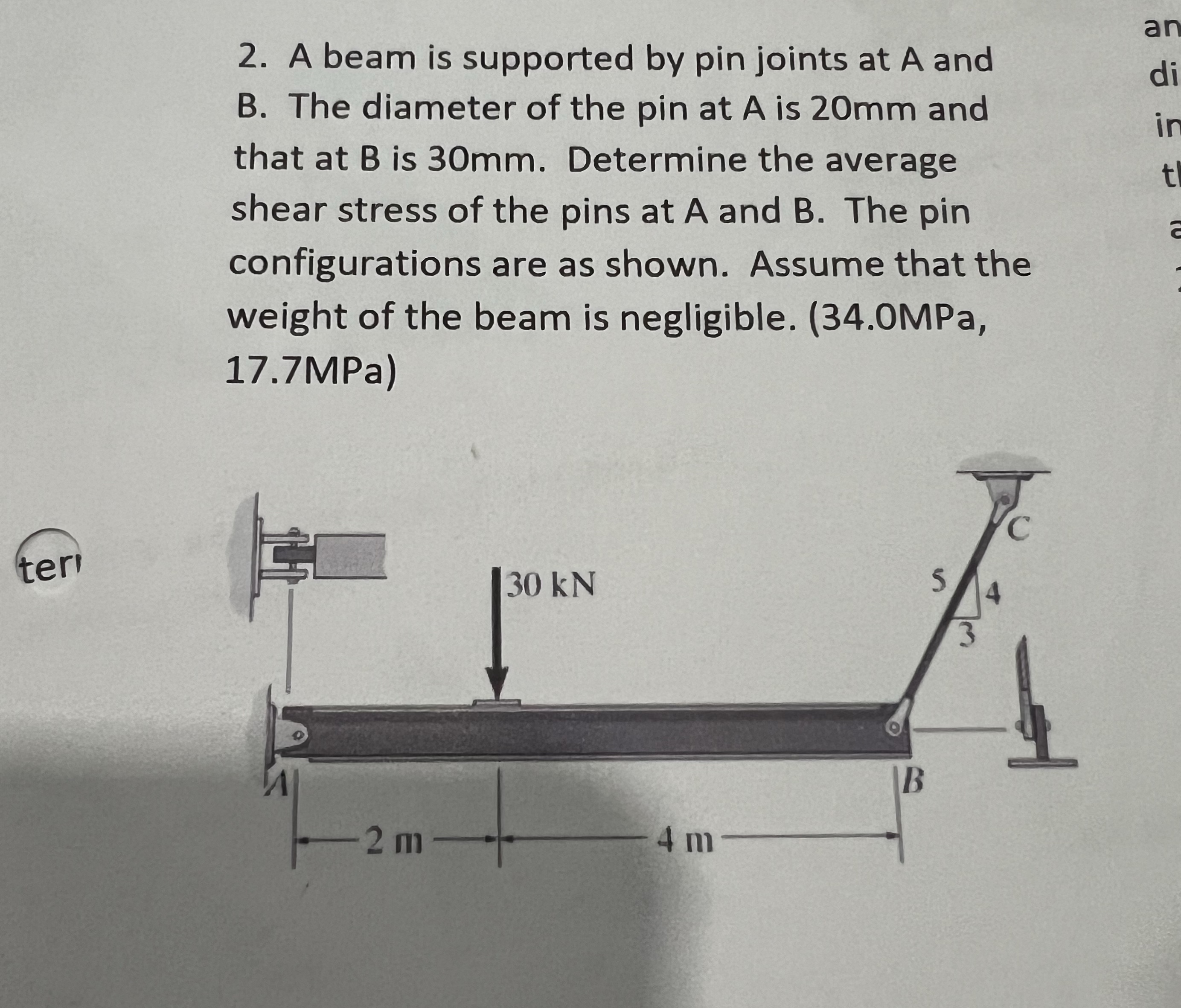 A beam is supported by pin joints at A and B .