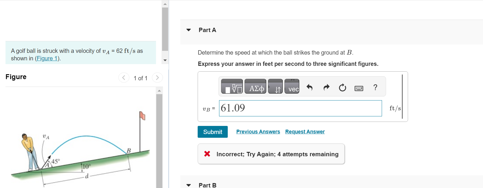 Part A Part B Determine the time of flight from A