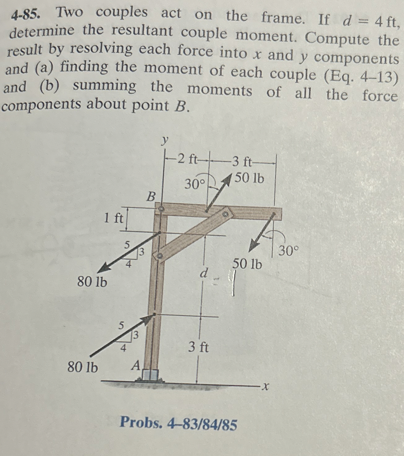 4 - 8 5 . Two couples act on the frame. If d = 4