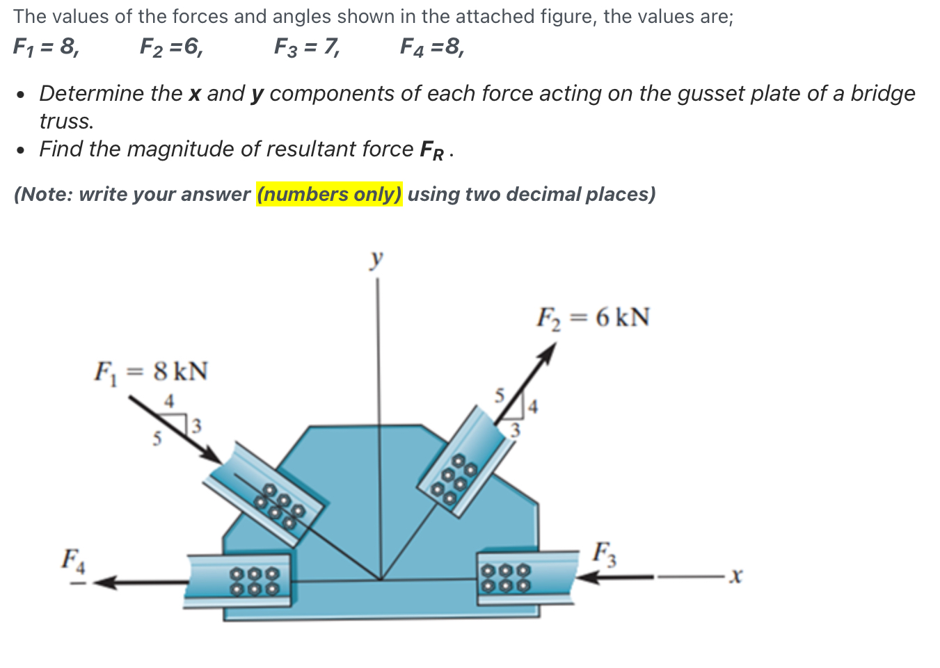 The values of the forces and angles shown in the