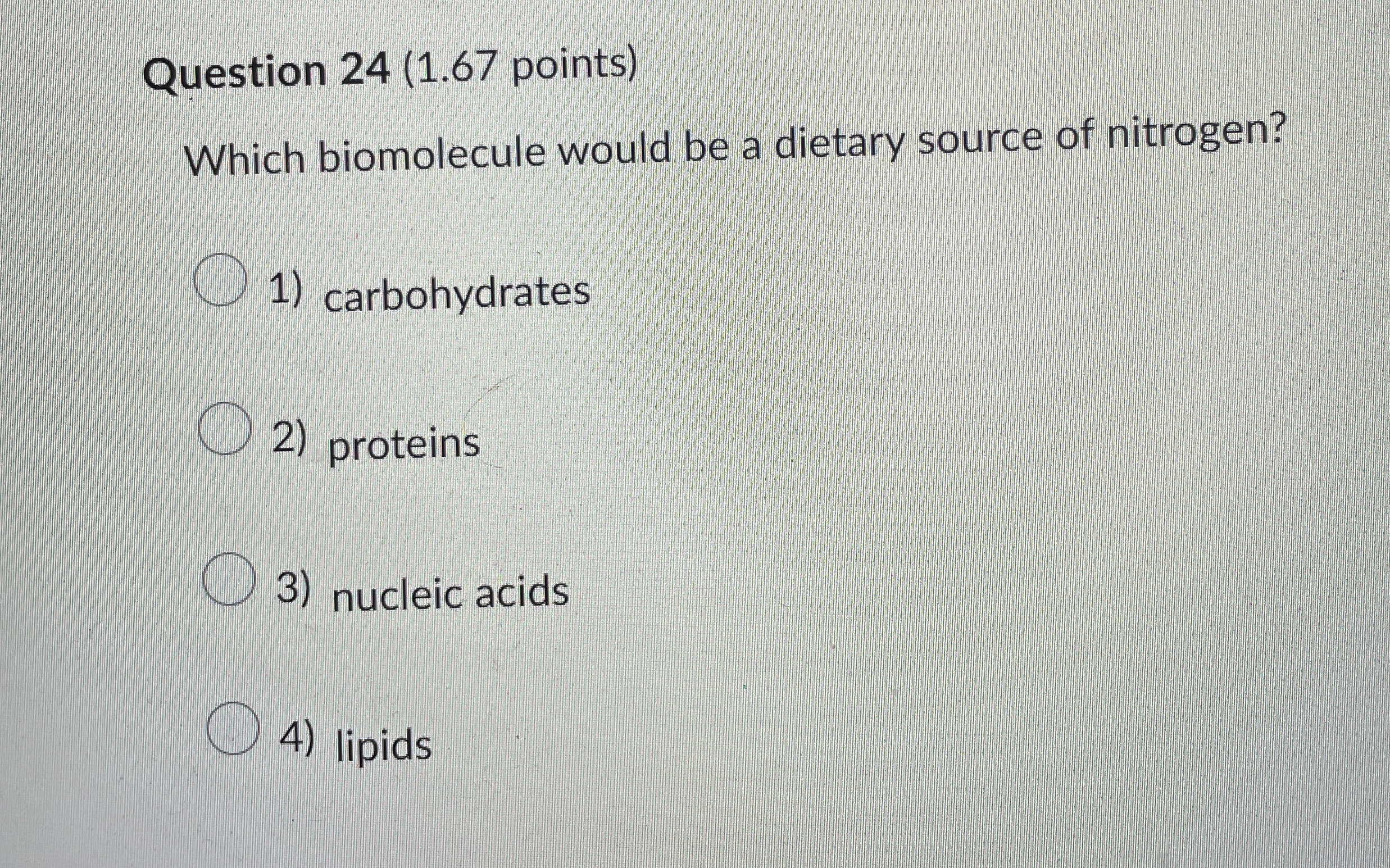 Question 2 4 ( 1 . 6 7 points ) Which biomolecule