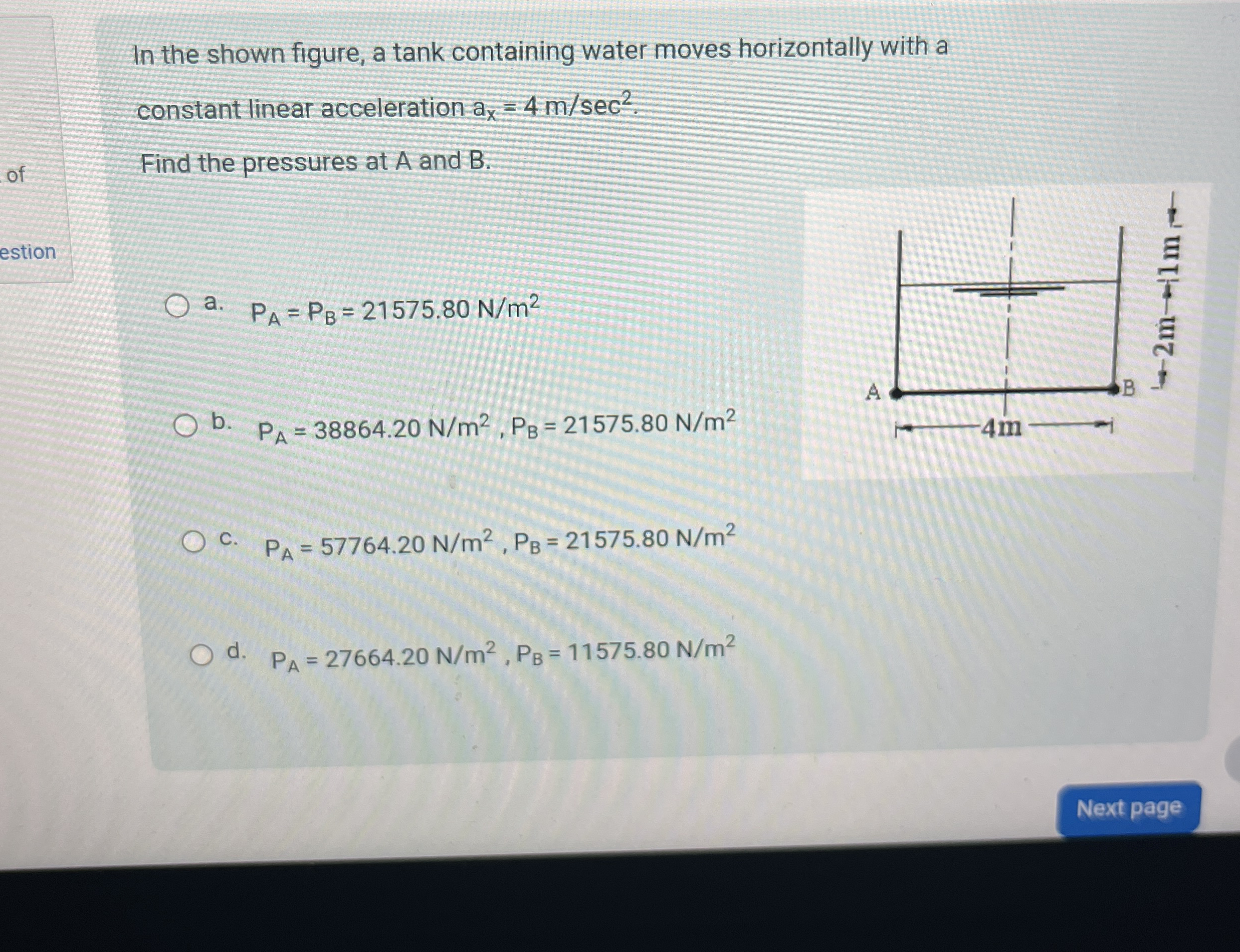 In the shown figure, a tank containing water
