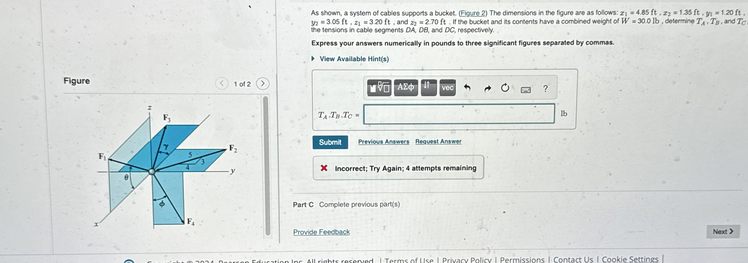 As shown, a system of cables supports a bucket. (
