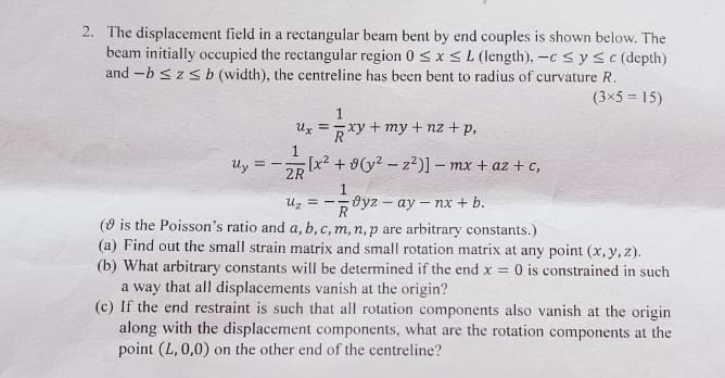 The displacement field in a rectangular beam bent