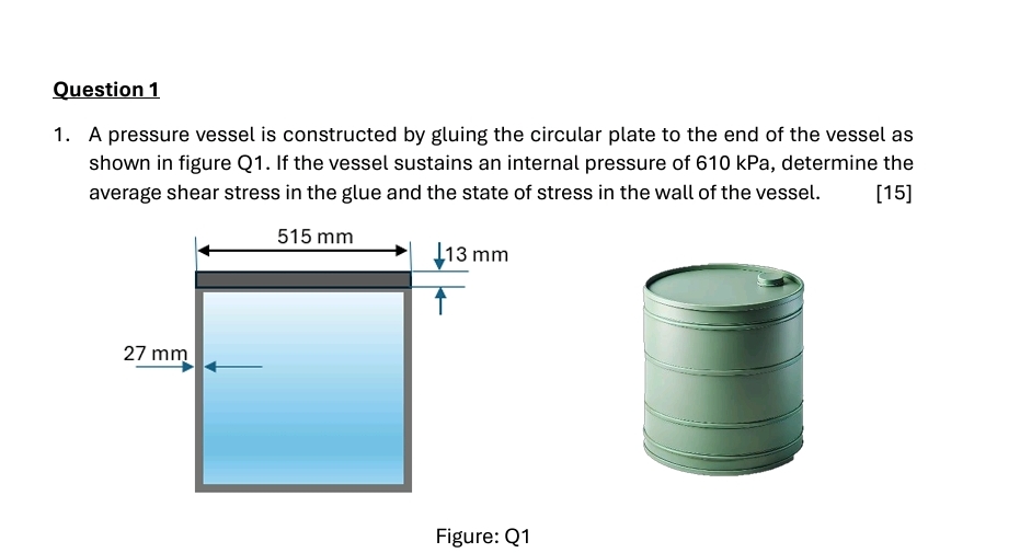 Question 1 A pressure vessel is constructed by