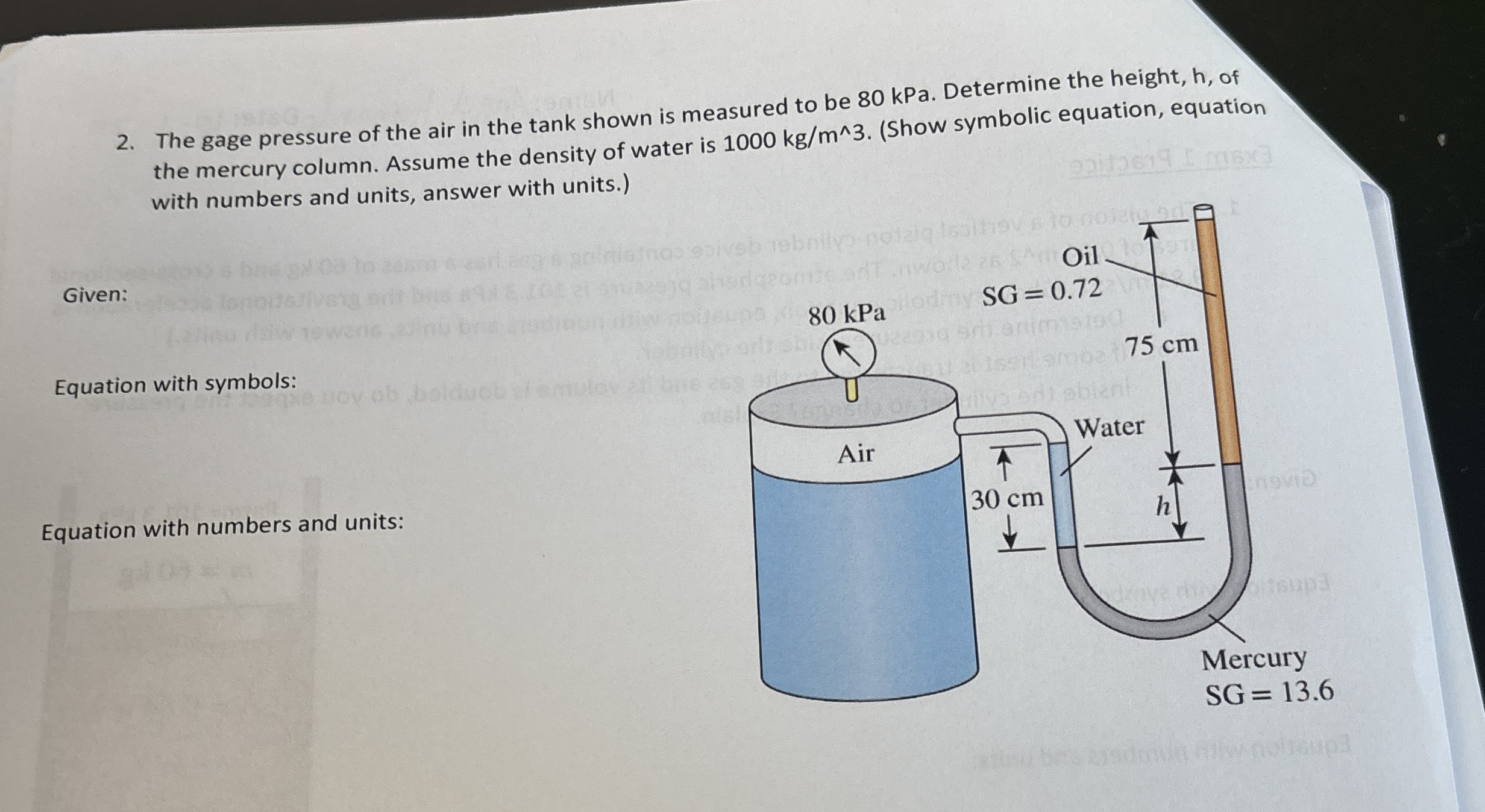 The gage pressure of the air in the tank shown is