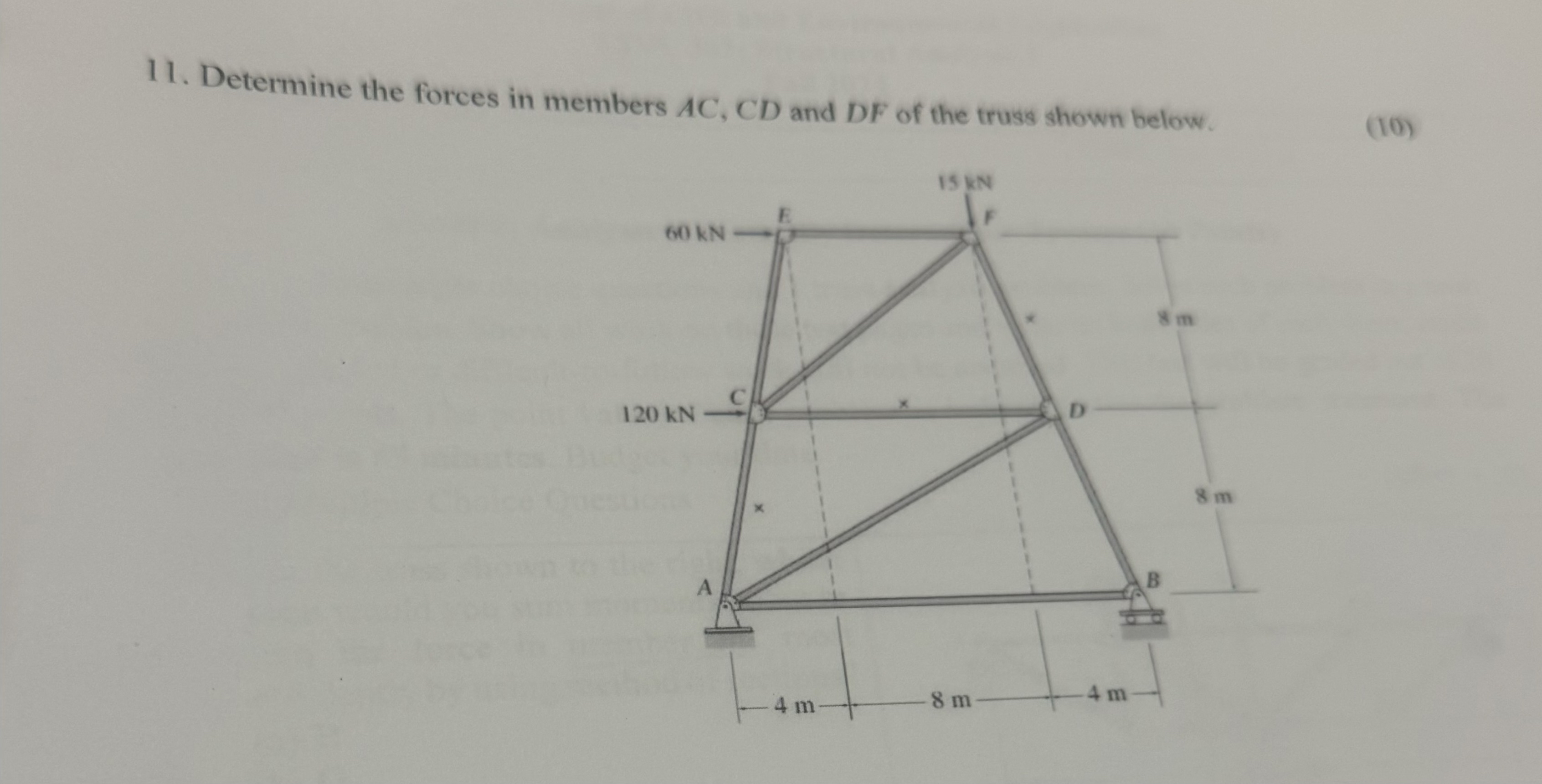Determine the forces in members A C , C D and D F